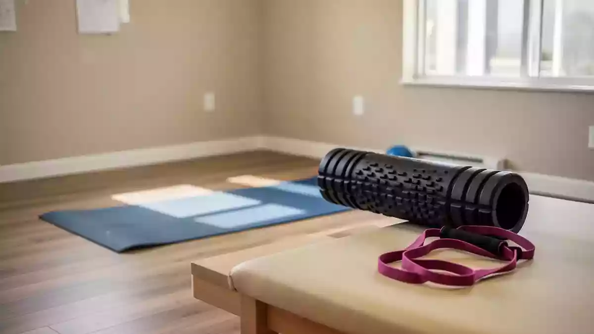 Ein heller, minimalistischer Physiotherapieraum mit Sportgeräten wie einer Yogamatte und einer Faszienrolle auf dem Boden. Illustration mit AI erstellt.