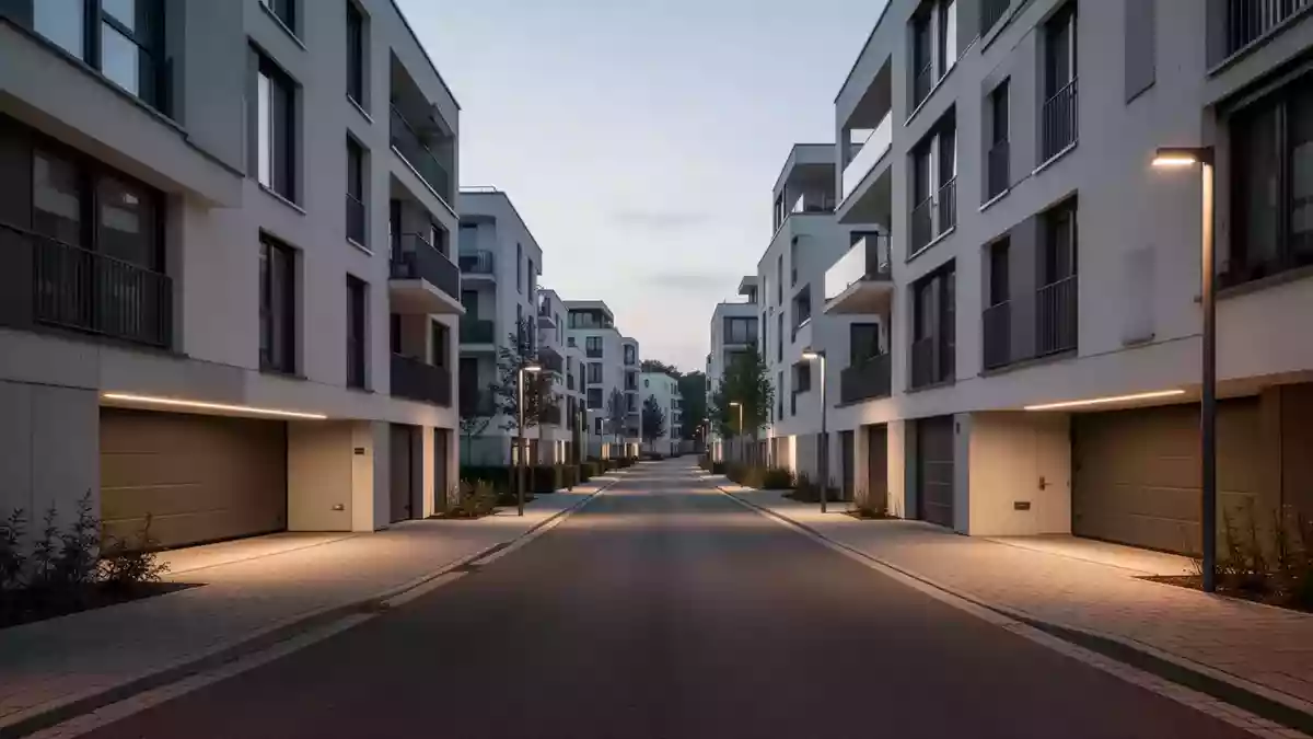 Eine moderne Wohnstraße bei Dämmerung mit architektonisch klaren Gebäudefassaden und sauberer Straßenführung ohne Fahrzeuge. Illustration mit AI erstellt.