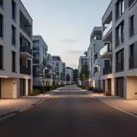 Eine moderne Wohnstraße bei Dämmerung mit architektonisch klaren Gebäudefassaden und sauberer Straßenführung ohne Fahrzeuge. - Foto: über boerse-global.de