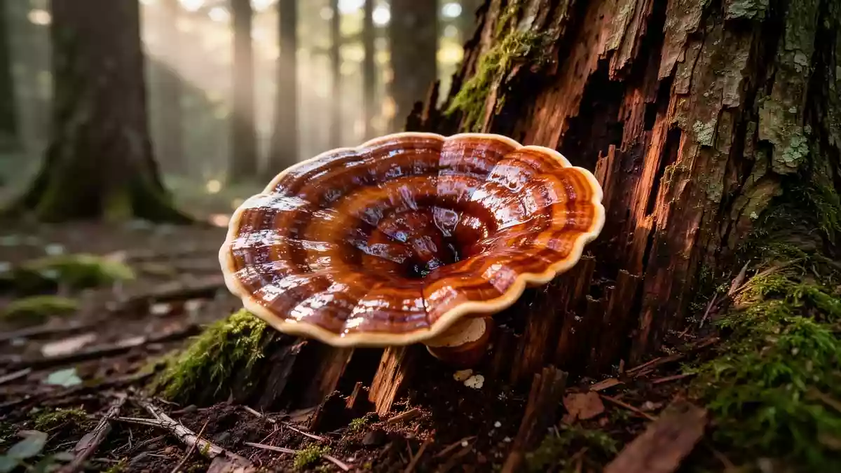 Ein glänzender Lackporling wächst an einem Baumstamm in einem schattigen, moosbedeckten Wald. Illustration mit AI erstellt.