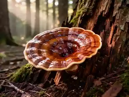 Ein glänzender Lackporling wächst an einem Baumstamm in einem schattigen, moosbedeckten Wald. - Foto: über boerse-global.de