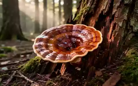 Ein glänzender Lackporling wächst an einem Baumstamm in einem schattigen, moosbedeckten Wald. - Foto: über boerse-global.de