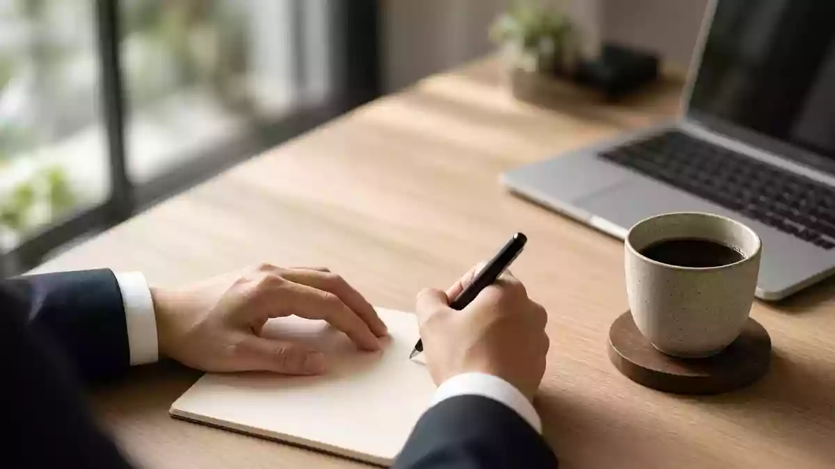 Nahaufnahme eines Schreibtischs mit Laptop und Kaffeetasse in einem modernen, hellen Büro. Illustration mit AI erstellt.