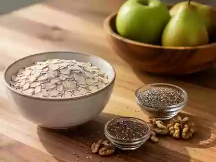 Eine Schale mit Haferflocken, Chiasamen und Walnüssen auf einem Holztisch bei natürlichem Morgenlicht. - Foto: über boerse-global.de