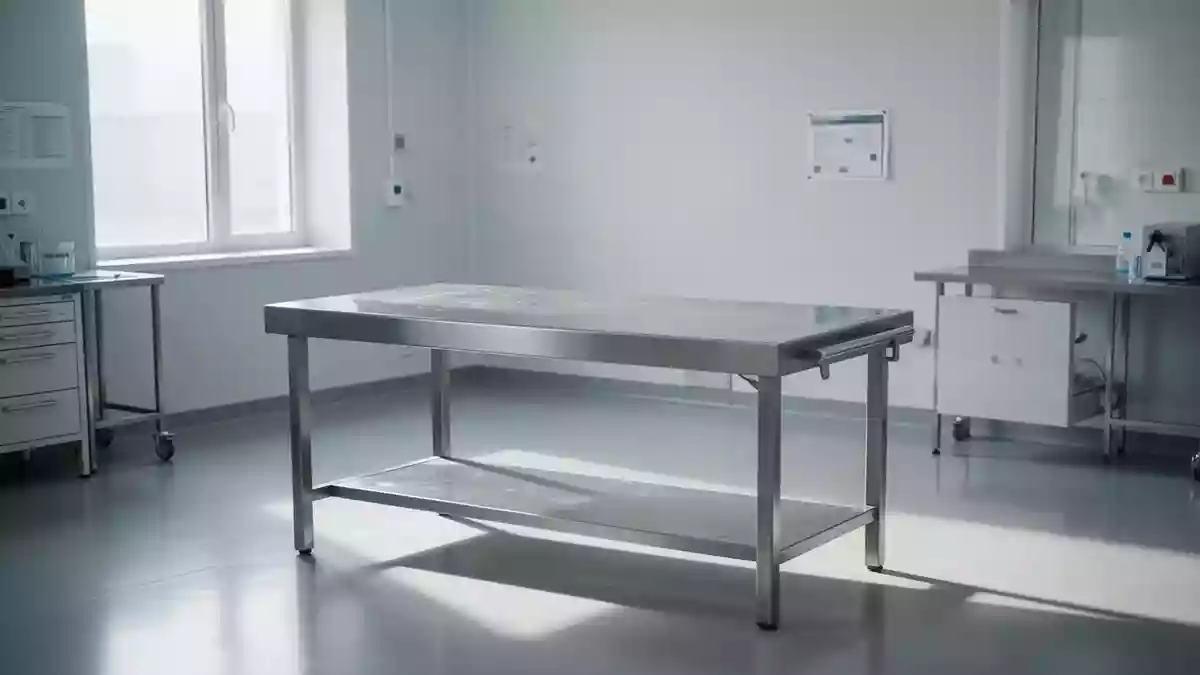 Ein minimalistischer, heller medizinischer Untersuchungsraum mit einem leeren Edelstahltisch in natürlichem Licht. Illustration mit AI erstellt.
