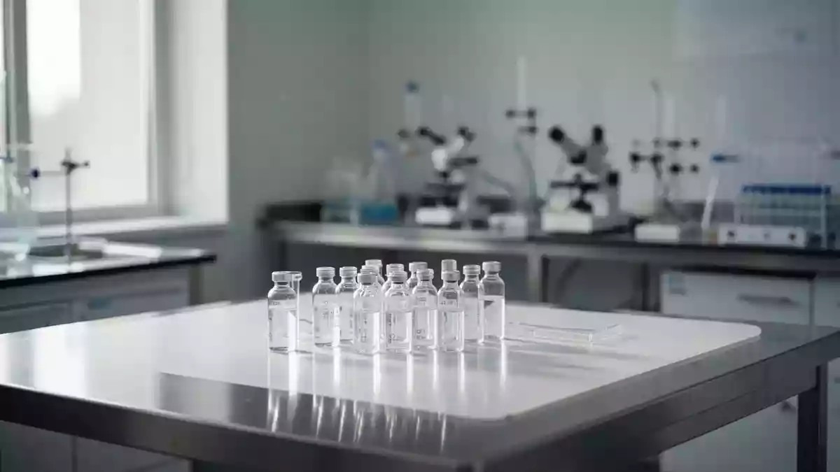 Ein minimalistisches, steriles Labor mit Edelstahloberflächen und Glasfläschchen bei natürlichem Tageslicht. Illustration mit AI erstellt.