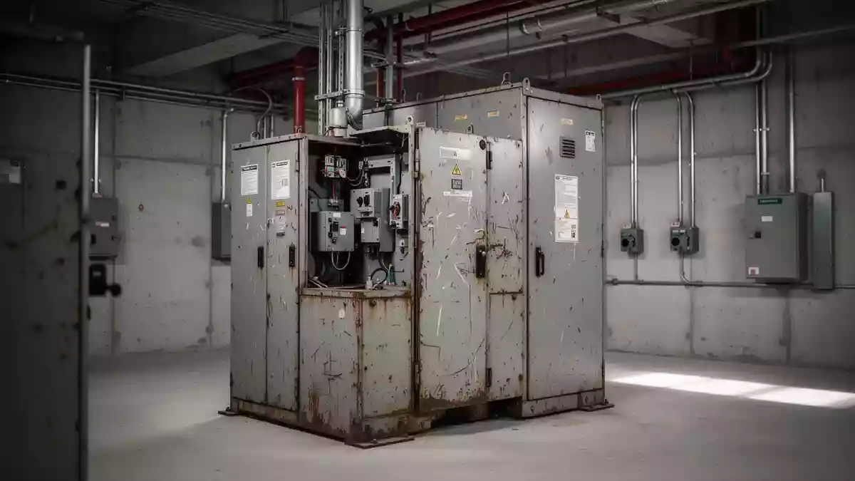 Ein technischer Betriebsraum mit einem großen, metallenen Schaltschrank für die elektrische Infrastruktur. Illustration mit AI erstellt.