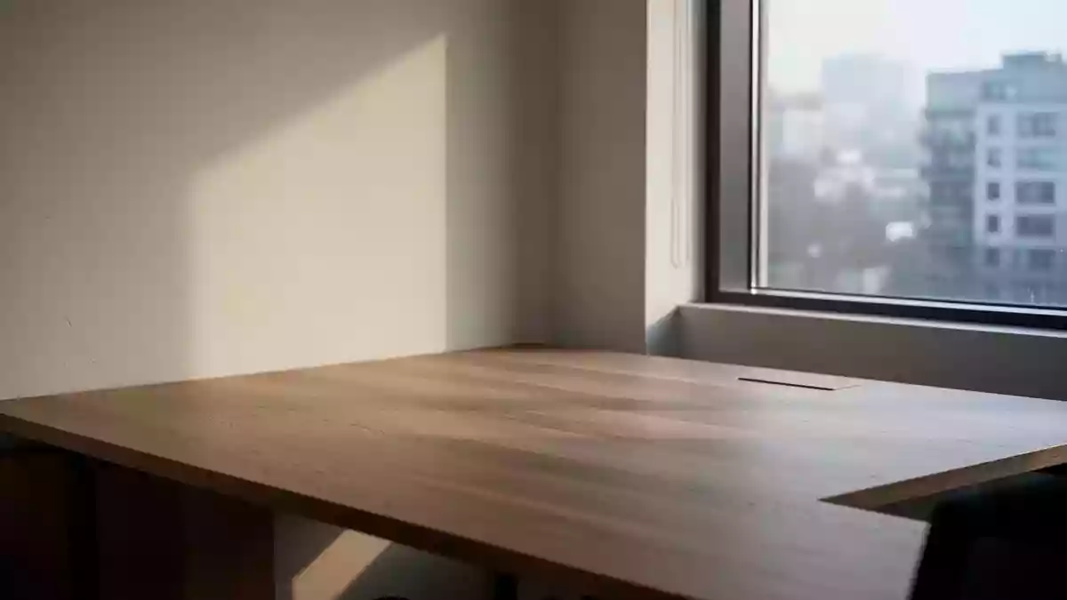 Ein leerer, minimalistischer Arbeitsplatz mit Holztisch in einem hellen Raum bei Tageslicht. Illustration mit AI erstellt.