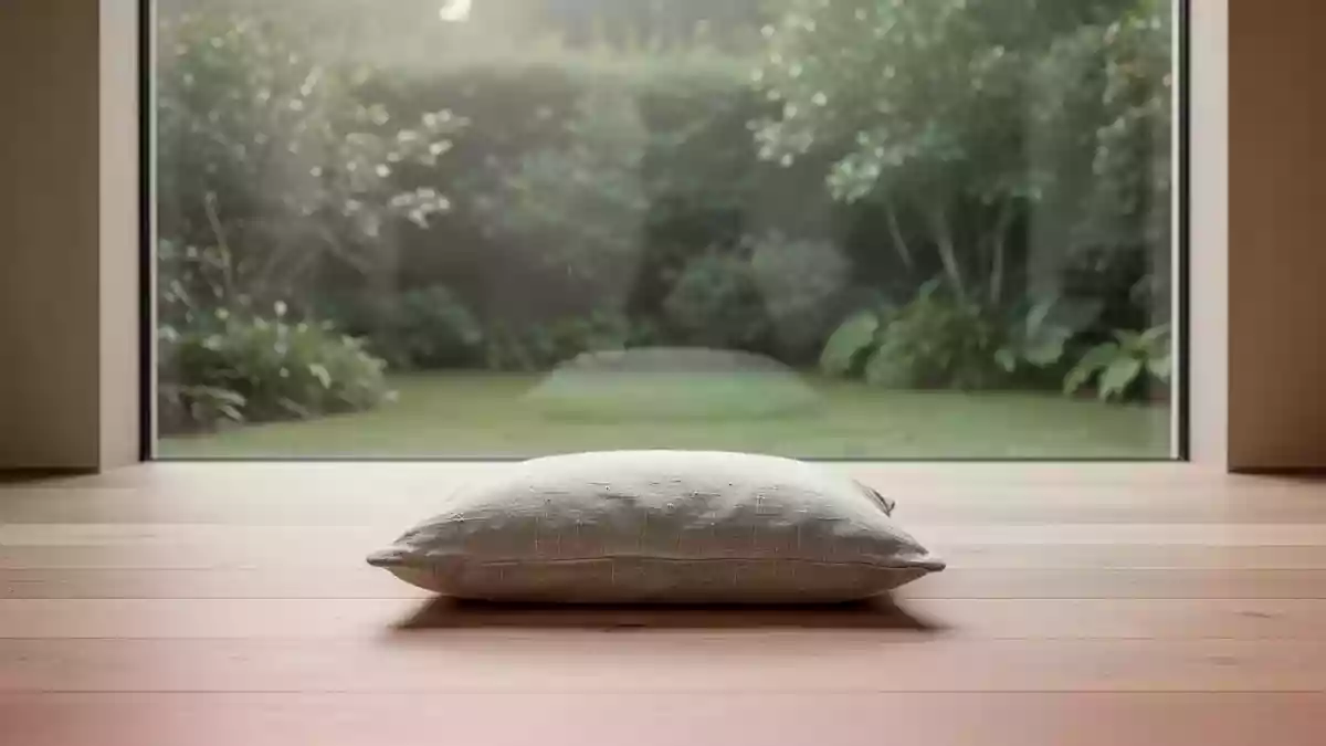 Ein minimalistischer, lichtdurchfluteter Raum mit einem Meditationskissen und Blick in einen ruhigen Garten. Illustration mit AI erstellt.