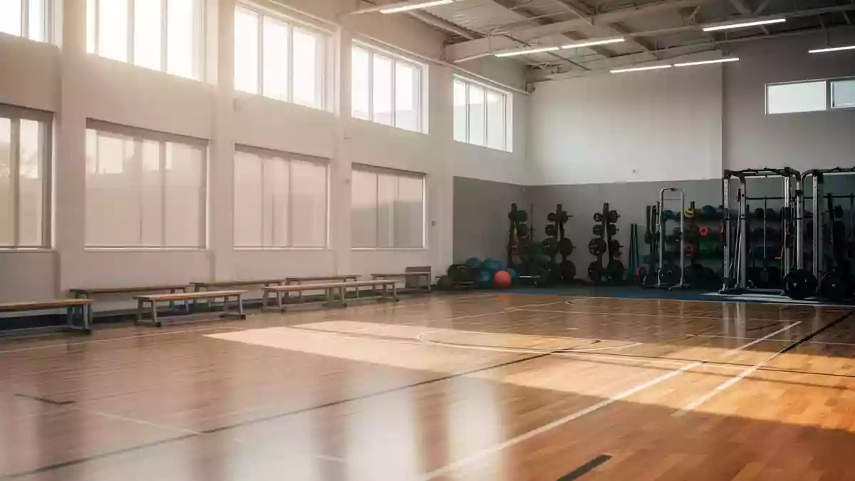 Eine leere, helle Sporthalle mit poliertem Holzboden und natürlichem Lichteinfall. Illustration mit AI erstellt.