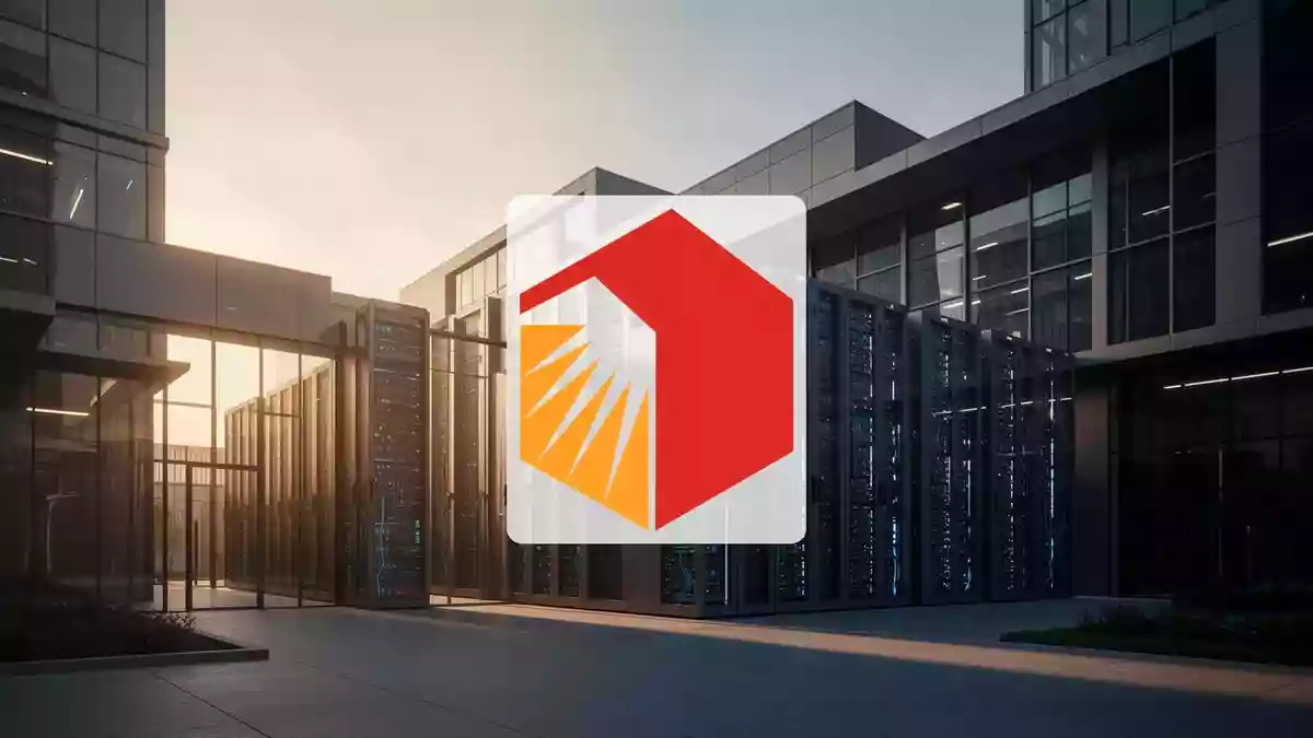 Moderne Industrieflächen in Kombination mit Architektur für Rechenzentren bei goldenem Licht. Illustration mit AI erstellt.