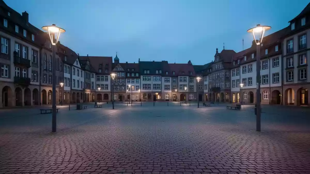 Ein leerer, ruhig beleuchteter öffentlicher Platz in einer deutschen Kleinstadt bei Dämmerung. Illustration mit AI erstellt.