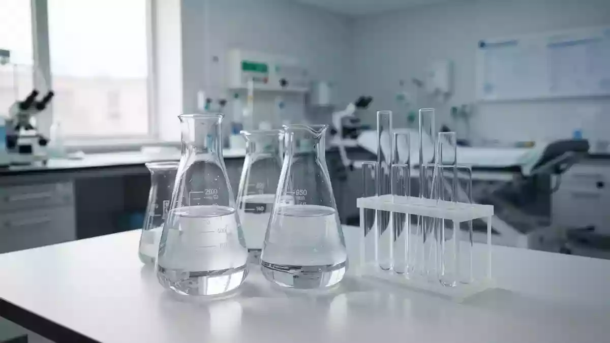 Laborumgebung mit Glasbechern und Reagenzgläsern in einem klinischen Umfeld zur medizinischen Diagnostik. Illustration mit AI erstellt.