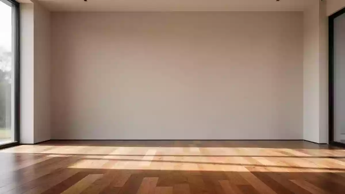 Ein minimalistischer, heller Fitnessraum mit einer schlichten Wand und einem Holzboden in natürlichem Tageslicht. Illustration mit AI erstellt.