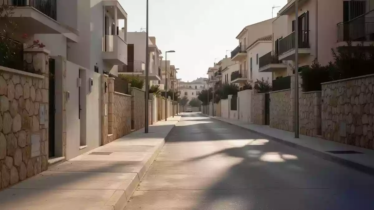 Leere Wohnstraße in einer sonnigen Stadt mit Betonbürgersteigen und Steinfassaden bei Tageslicht. Illustration mit AI erstellt.
