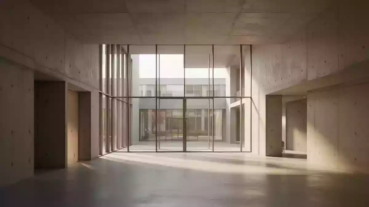 Ein minimalistisch gestalteter Flur in einem modernen deutschen Verwaltungsgebäude mit hellem Licht und klarer Architektur. Illustration mit AI erstellt.