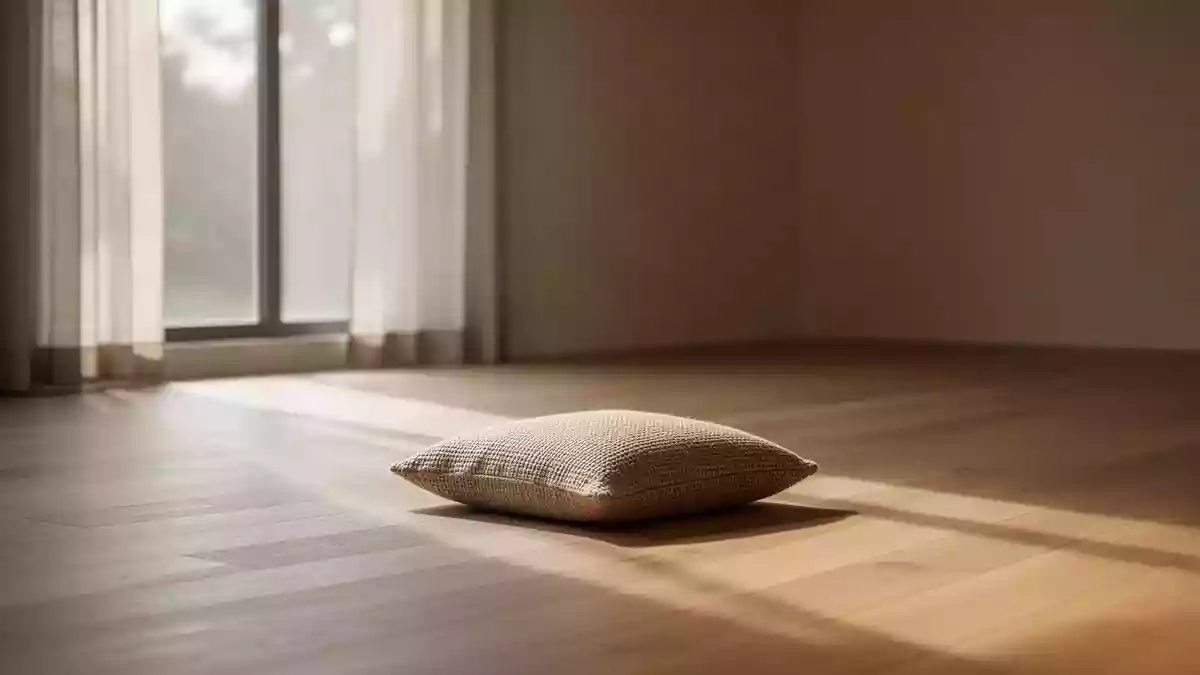 Ein minimalistischer, ruhiger Raum mit natürlichem Lichteinfall und einem einzelnen Sitzkissen auf einem Holzboden. Illustration mit AI erstellt.