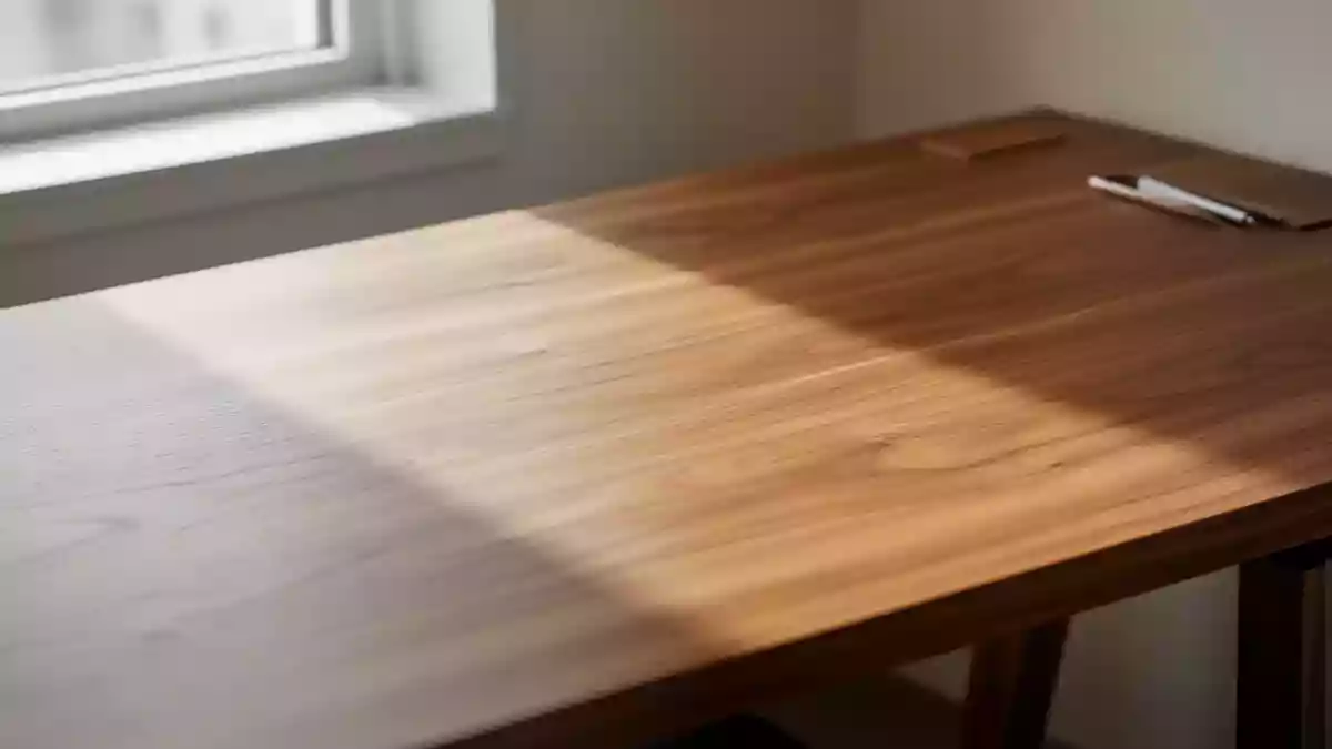 Ein minimalistischer, leerer Schreibtisch aus Holz in hellem, natürlichem Licht. Illustration mit AI erstellt.