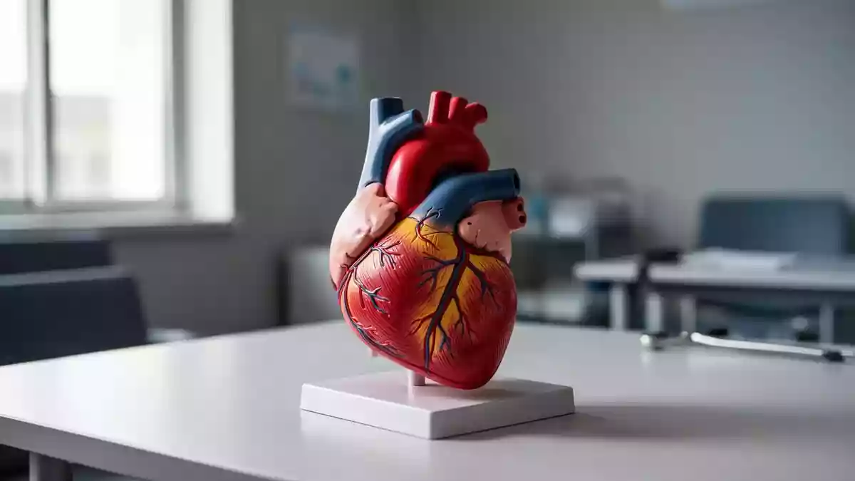 Ein anatomisches Modell eines menschlichen Herzens in einer klinischen Umgebung. Illustration mit AI erstellt.
