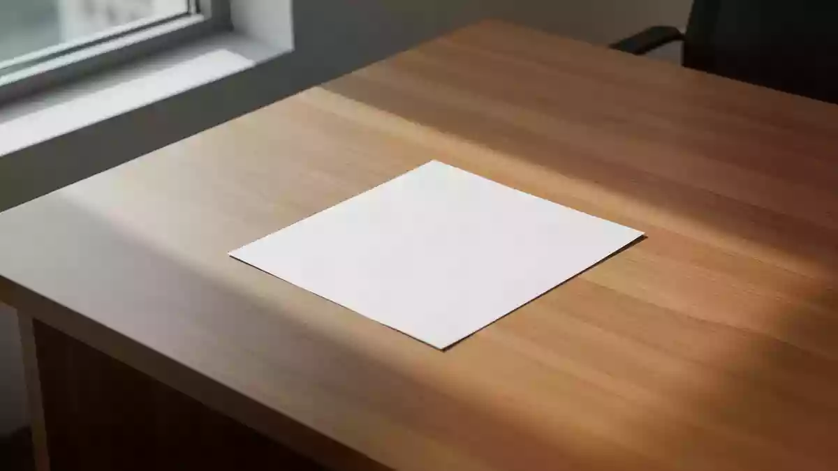 Ein leeres Blatt Papier auf einem sauberen Schreibtisch in einem hellen, ruhigen Büro. Illustration mit AI erstellt.