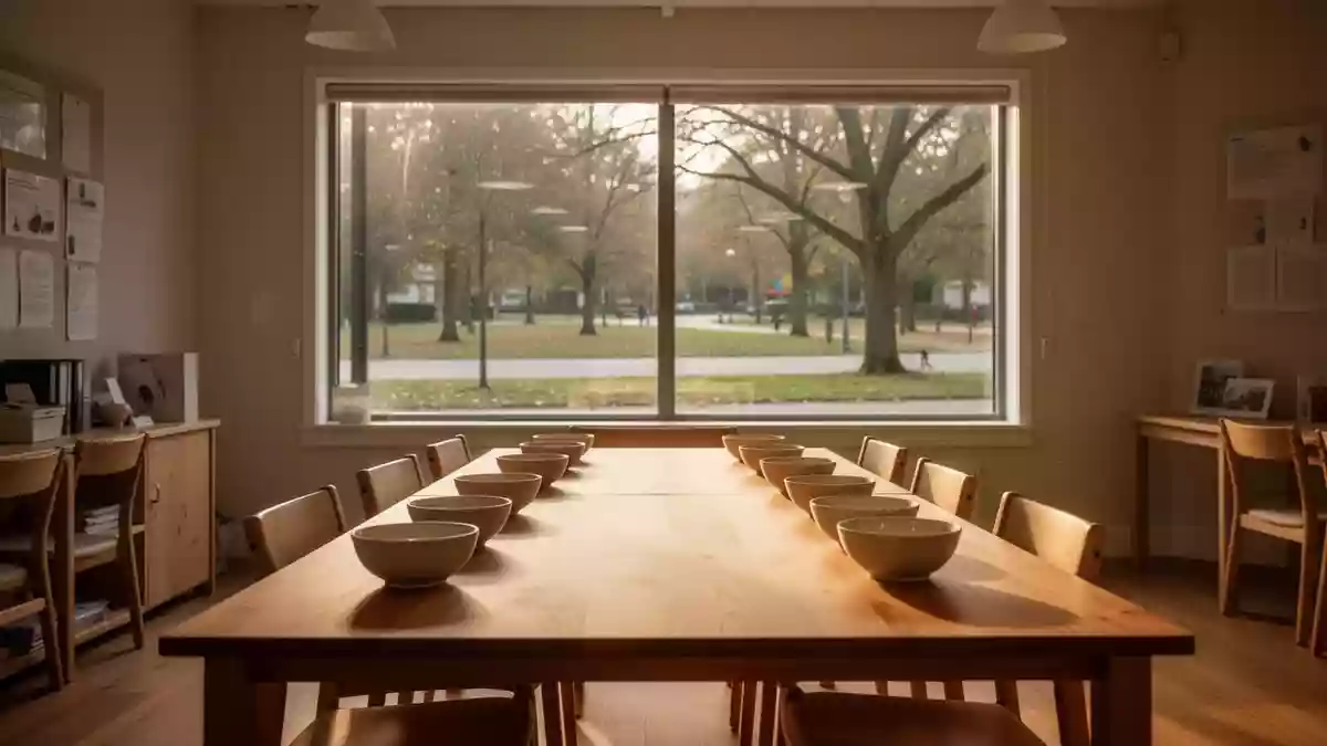 Ein heller, freundlicher Gemeinschaftsraum mit einem langen Holztisch und Stühlen in einer ruhigen Umgebung. Illustration mit AI erstellt.