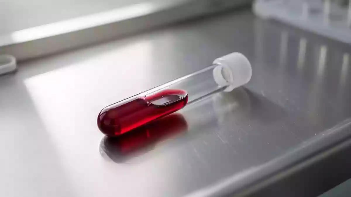 Ein medizinisches Reagenzglas mit einer Blutprobe auf einer sterilen Edelstahloberfläche in einem Labor. Illustration mit AI erstellt.