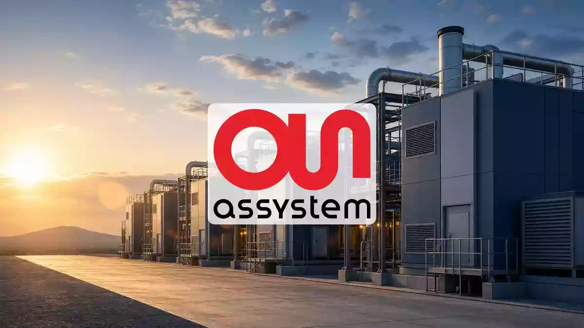 Moderne nukleare Industrieanlage in der Dämmerung, die für technologische Präzision und Energie steht. Illustration mit AI erstellt.
