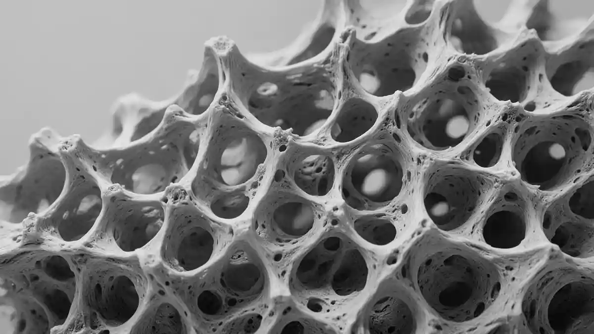 Detailaufnahme der feinporigen, schwammartigen Innenstruktur eines menschlichen Knochens vor neutralem Hintergrund. Illustration mit AI erstellt.
