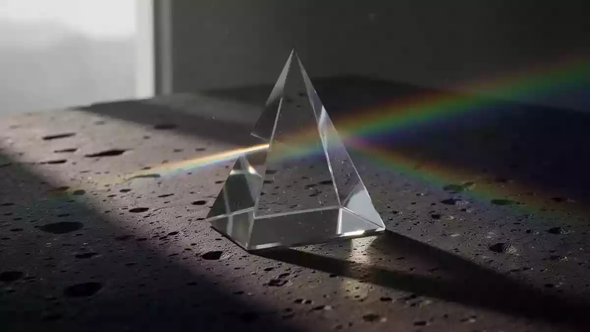 Ein Glasprisma bricht Lichtstrahlen auf einer dunklen, texturierten Gesteinsoberfläche als Symbol für die Inhaltsprüfung. Illustration mit AI erstellt.
