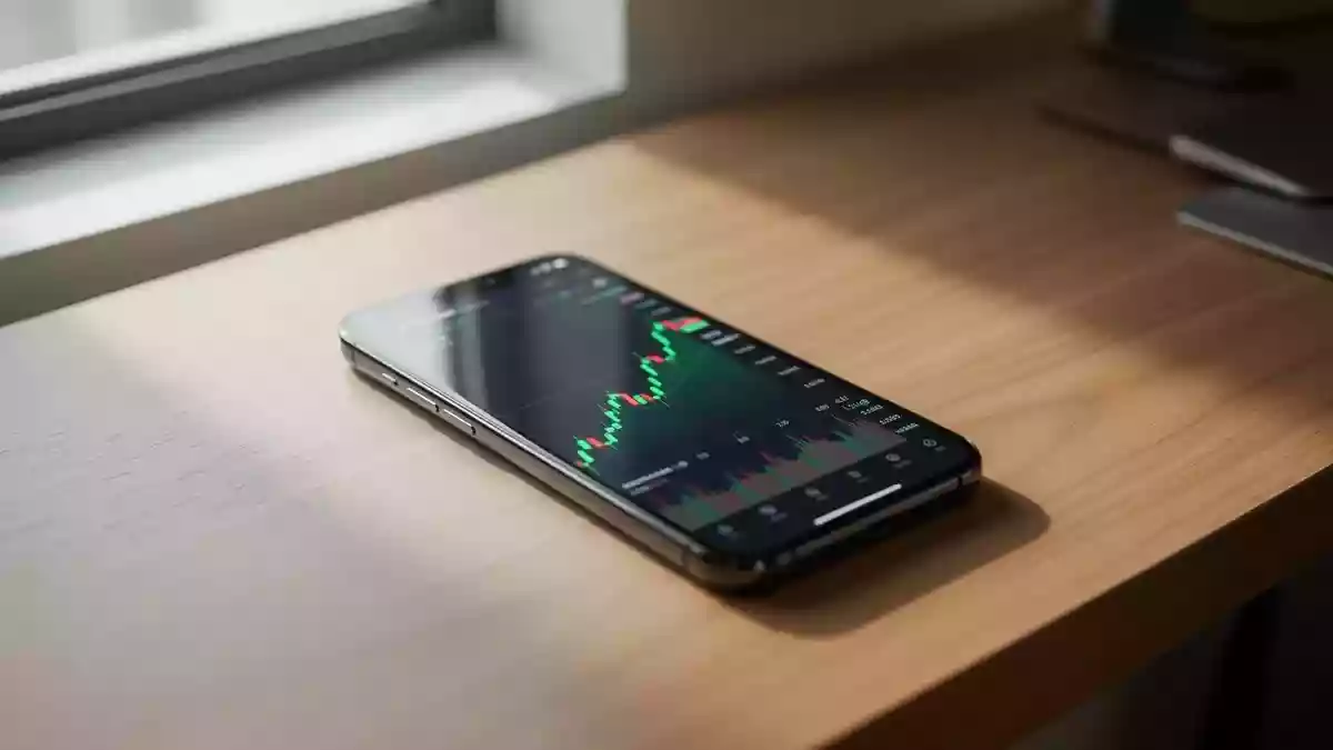 Ein Smartphone auf einem Schreibtisch zeigt einen Kryptowährungs-Chart mit einem grünen Kursverlauf. Illustration mit AI erstellt.
