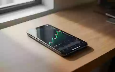 Ein Smartphone auf einem Schreibtisch zeigt einen Kryptowährungs-Chart mit einem grünen Kursverlauf. - Foto: über boerse-global.de