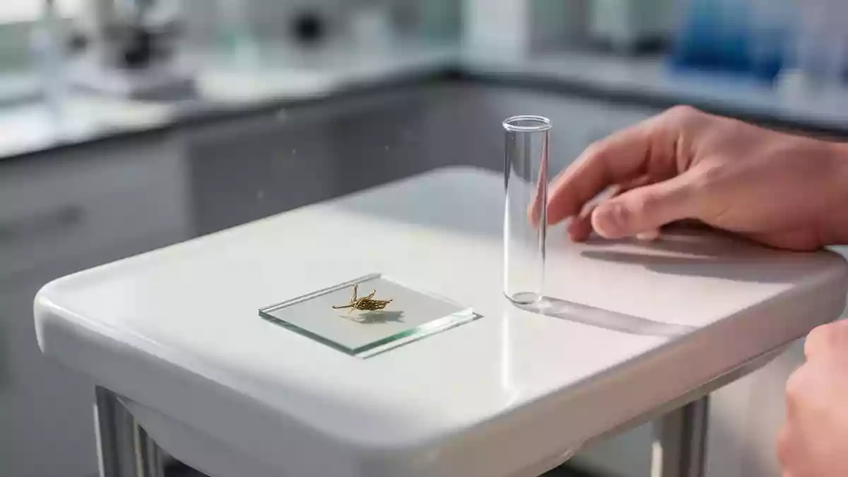 Ein steriler Labortisch mit einem Objektträger und einem leeren Reagenzglas in natürlichem, diffusem Licht. Illustration mit AI erstellt.