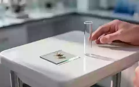 Ein steriler Labortisch mit einem Objektträger und einem leeren Reagenzglas in natürlichem, diffusem Licht. - Foto: über boerse-global.de