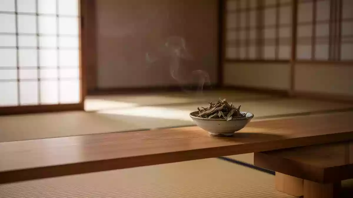 Ein minimalistischer Behandlungsraum mit einer Schale aus getrockneten Beifußblättern für die Moxibustion. Illustration mit AI erstellt.