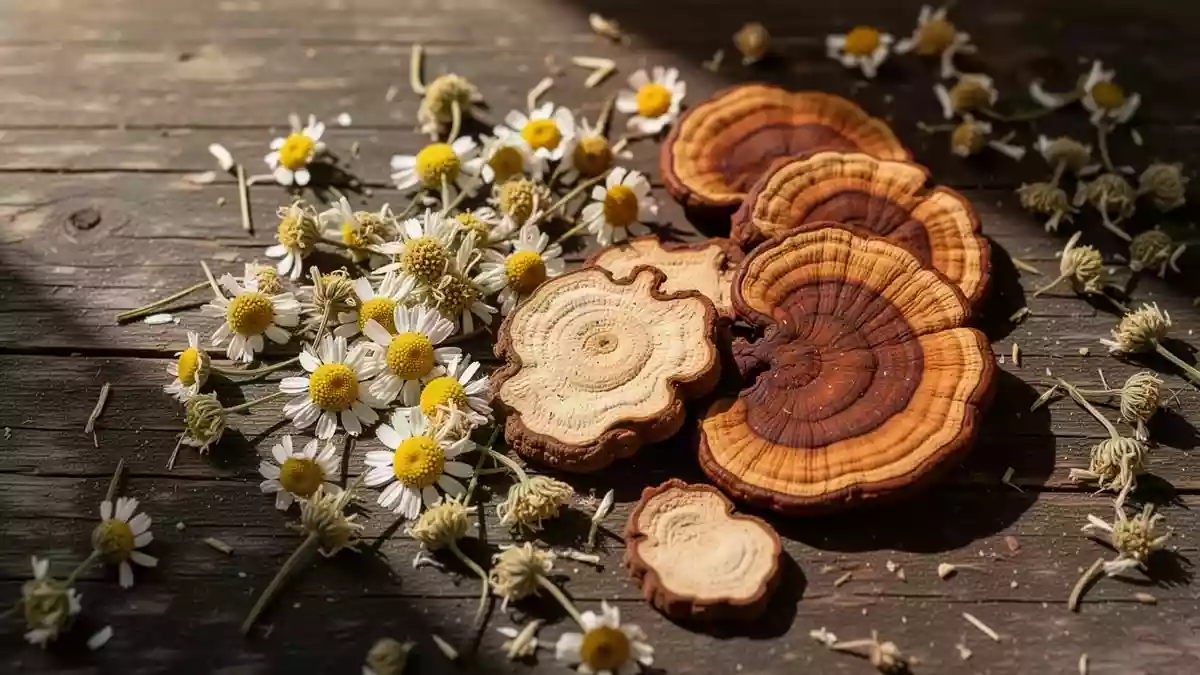 Getrocknete Kamillenblüten und Vitalpilze auf einem dunklen Holztisch in natürlichem Licht Illustration mit AI erstellt.
