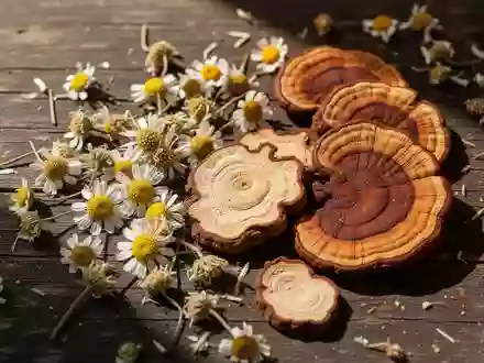 Getrocknete Kamillenblüten und Vitalpilze auf einem dunklen Holztisch in natürlichem Licht - Foto: über boerse-global.de