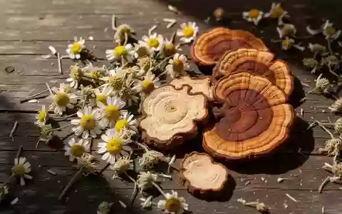 Getrocknete Kamillenblüten und Vitalpilze auf einem dunklen Holztisch in natürlichem Licht - Foto: über boerse-global.de