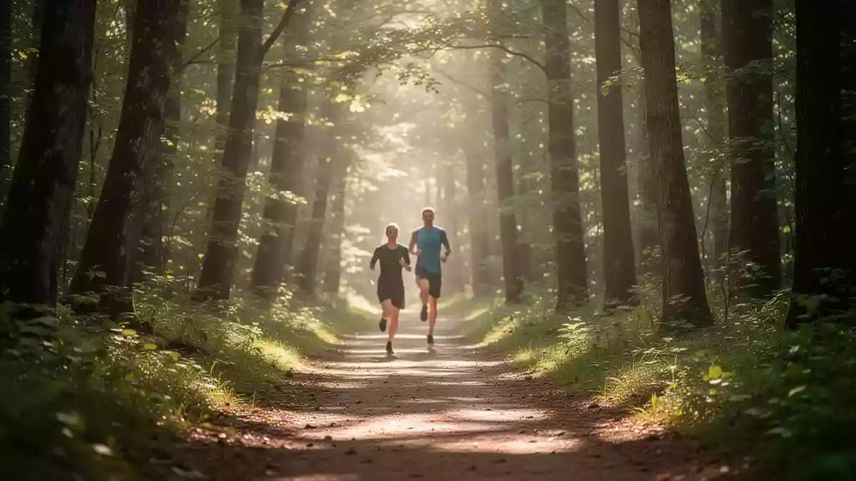 Ein sonnendurchfluteter Waldweg, der zu Bewegung und körperlicher Aktivität anregt. Illustration mit AI erstellt.