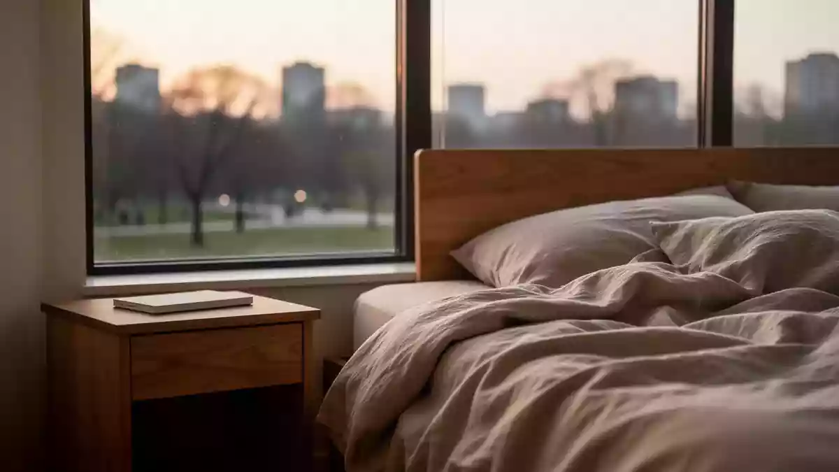 Ein minimalistisches Schlafzimmer bei Morgendämmerung symbolisiert Ruhe und Schlafphasen. Illustration mit AI erstellt.