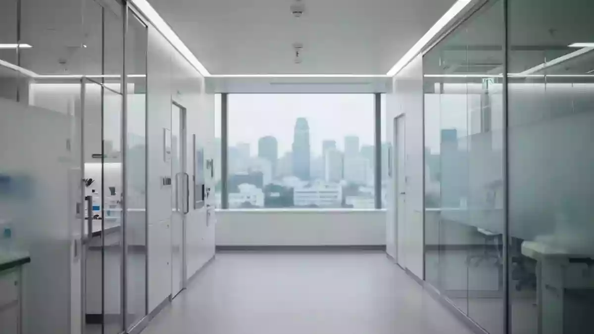 Modernes, minimalistisches Interieur eines medizinischen Forschungszentrums mit Blick auf die Skyline von Seoul. Illustration mit AI erstellt.