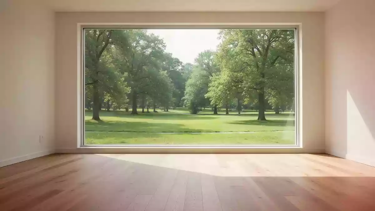 Ein heller, sonnendurchfluteter Raum mit Holzboden und Blick in einen grünen Park, der Bewegung und Wohlbefinden symbolisiert. Illustration mit AI erstellt.