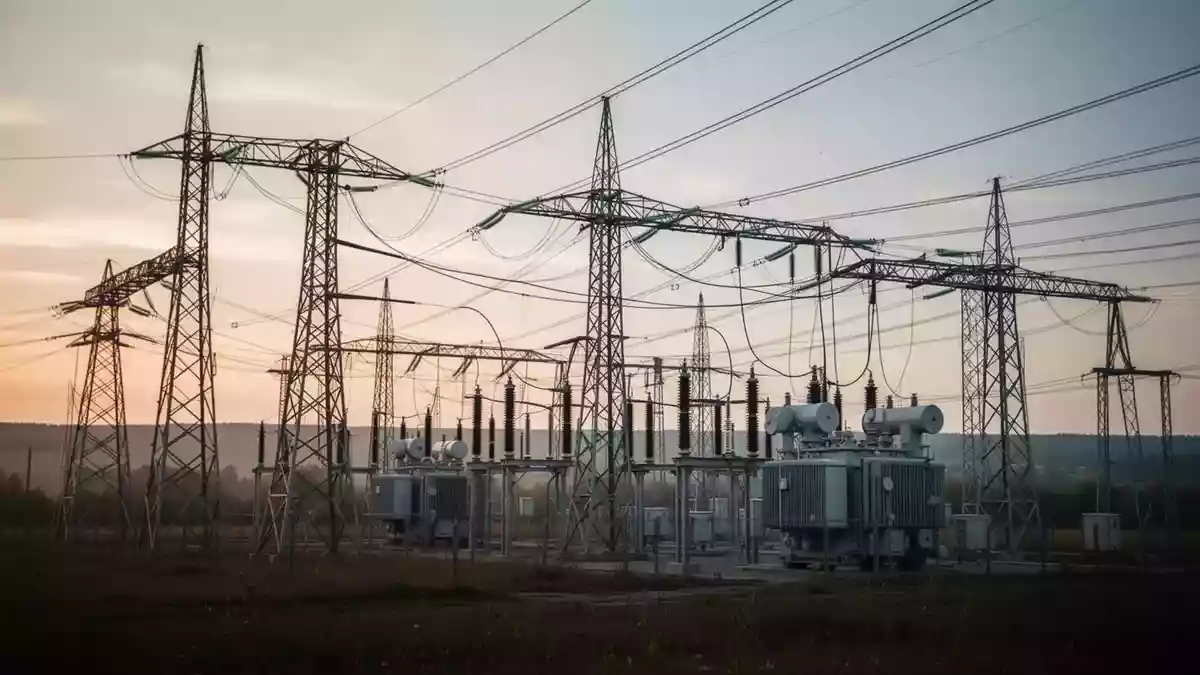 Ein Umspannwerk mit Strommasten und Leitungen in einer weiten Landschaft bei Tagesanbruch. Illustration mit AI erstellt.