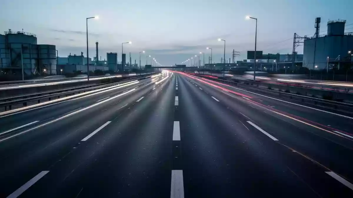Eine leere, moderne Autobahn bei Dämmerung mit Lichtspuren von vorbeifahrendem Verkehr und Fokus auf der Infrastruktur. Illustration mit AI erstellt.