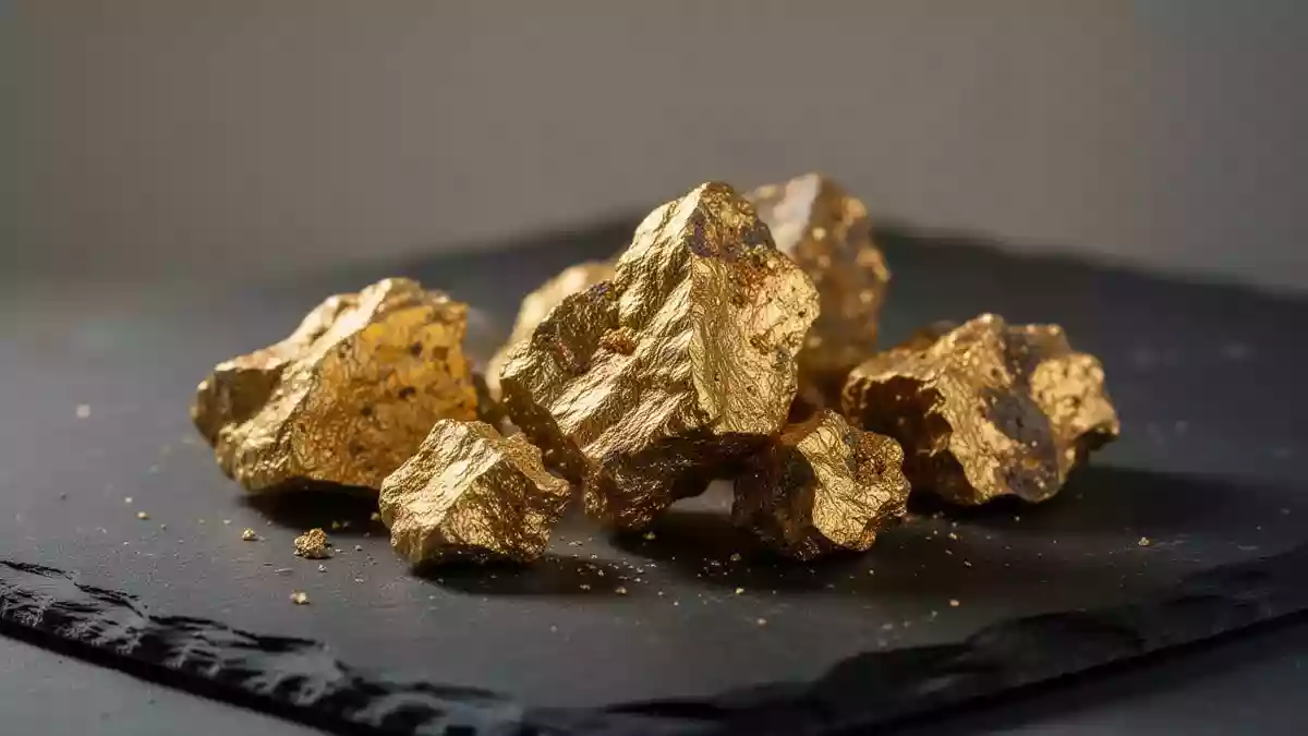 Rohgoldstücke auf einer dunklen, texturierten Oberfläche in einer professionellen Bergbauumgebung. Illustration mit AI erstellt.