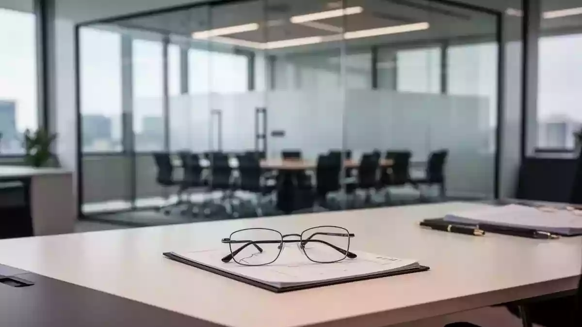 Ein moderner, aufgeräumter Finanzarbeitsplatz mit Notizblock und Brille in einem hellen Büro. Illustration mit AI erstellt.