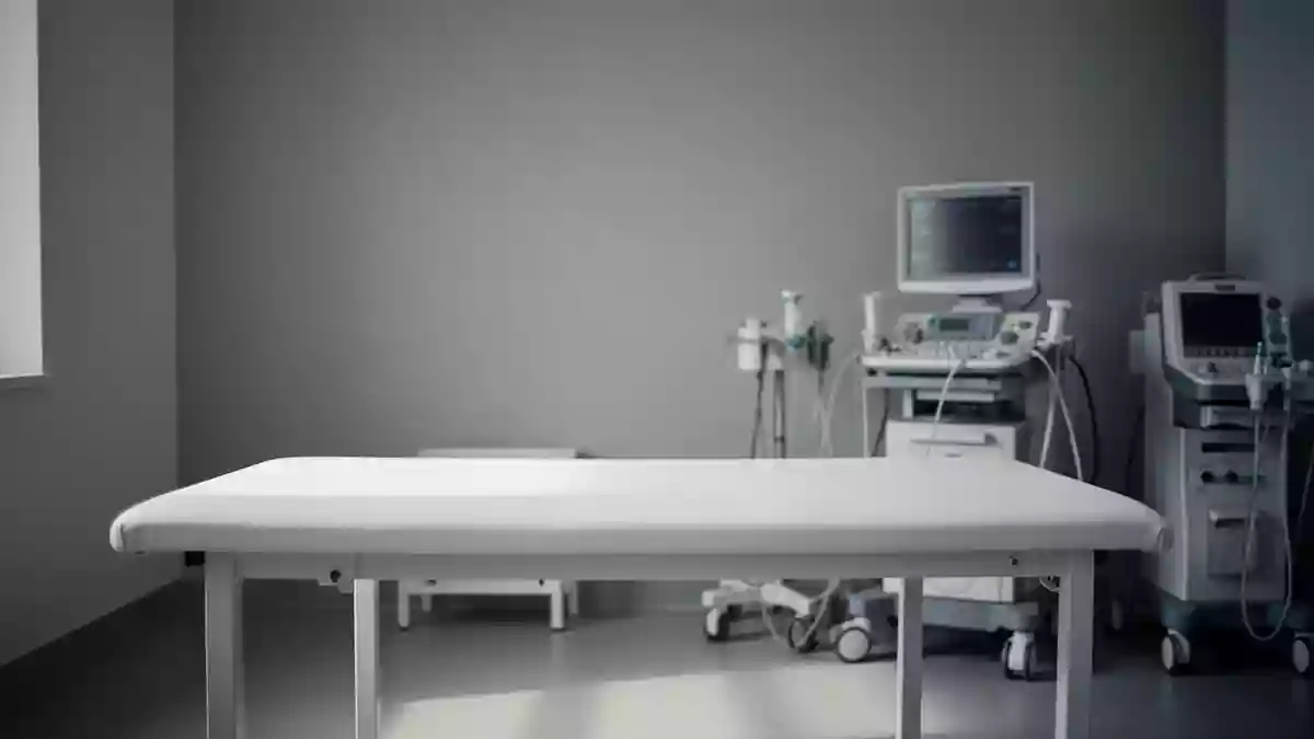 Ein minimalistisch eingerichteter medizinischer Untersuchungsraum mit einem sauberen, leeren Behandlungstisch. Illustration mit AI erstellt.