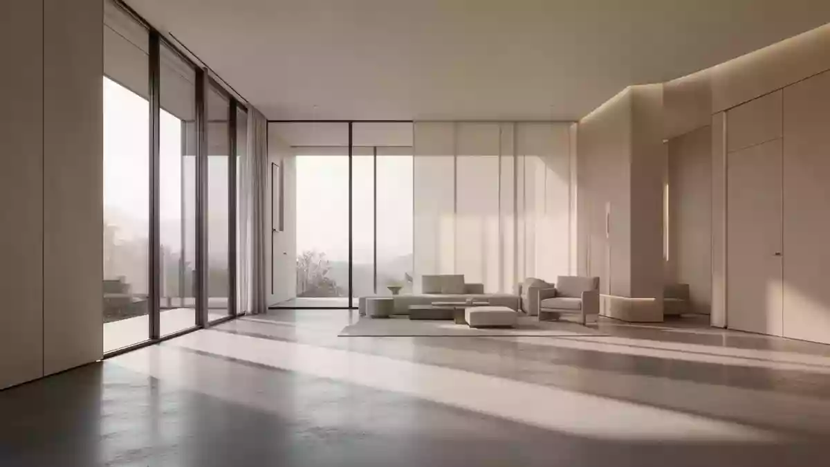 Ein minimalistischer, moderner Innenraum mit hellem Lichteinfall und klaren geometrischen Schatten auf einem Betonboden. Illustration mit AI erstellt.