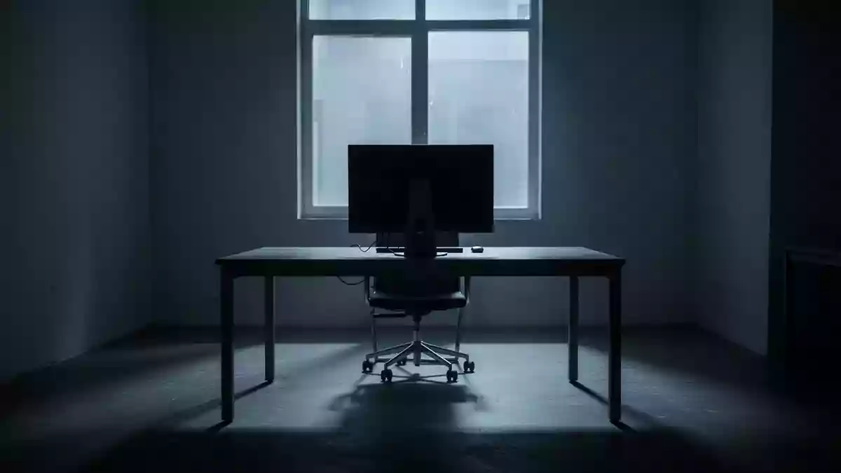 Ein unbesetzter, schattiger Arbeitsplatz in einem minimalistischen Büro mit einem ausgeschalteten Computerbildschirm. Illustration mit AI erstellt.