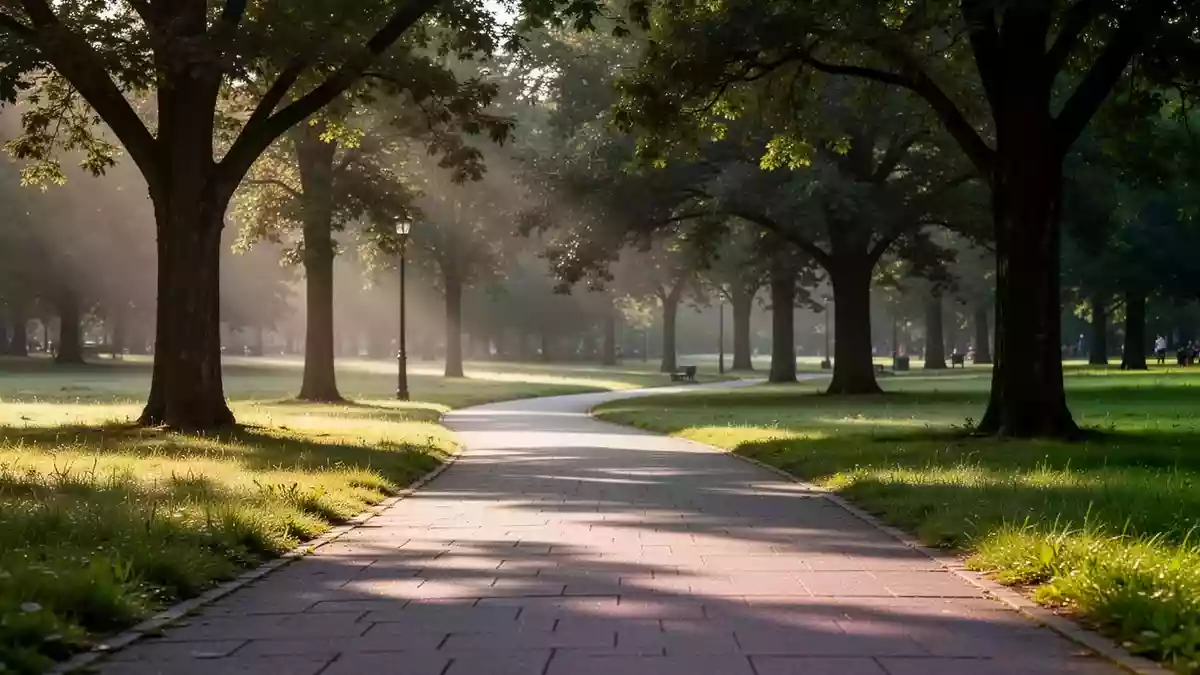 Ein sonniger, leerer Parkweg in einer grünen Landschaft als Symbol für Bewegung und physische Aktivität. Illustration mit AI erstellt.