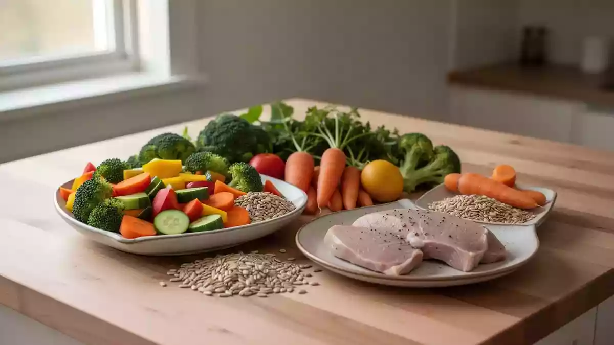 Gesunde, ausgewogene Mahlzeit mit frischem Gemüse und Vollkornprodukten auf einem Holztisch. Illustration mit AI erstellt.